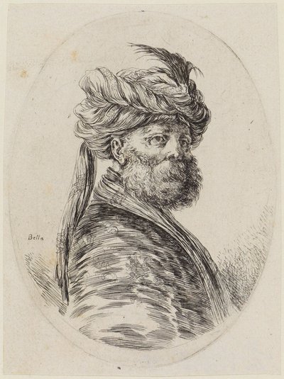 Varias cabezas peinadas al estilo persa (Plusieurs têtes coiffées à la persienne): busto de un turco barbudo en perspectiva de tres cuartos, mirando hacia la derecha de Stefano della Bella