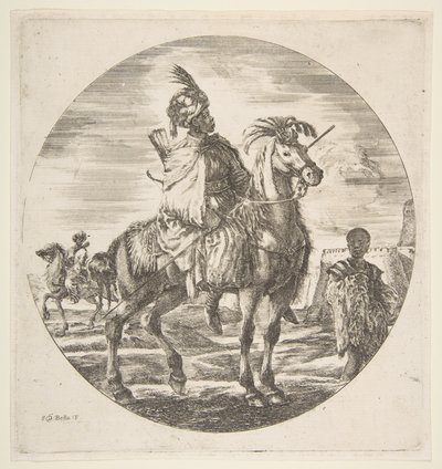 Jinete moro de perfil mirando a la derecha, un esclavo negro sosteniendo una piel a la derecha, ca. 1651 de Stefano della Bella