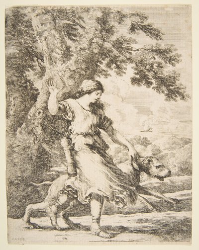 Ninfa sosteniendo un perro grande por el collar, ca. 1654 de Stefano della Bella