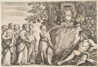 Diseño de ornamento para una tesis, el escudo de armas de Strozzi en la parte superior de Stefano della Bella