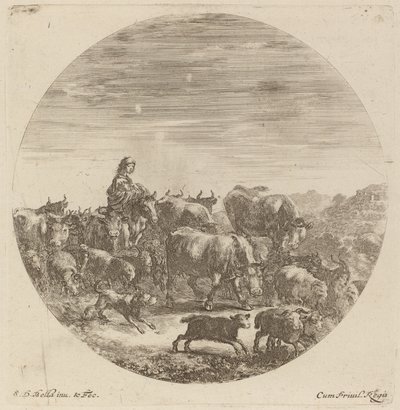 Campesino sentado en un caballo con vacas, ovejas y cabras de Stefano della Bella