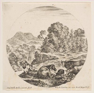 Placa 10: un caballo acostado en el centro, una vaca y dos cabras a la derecha, dos pastores sentados, ca. 1646 de Stefano della Bella