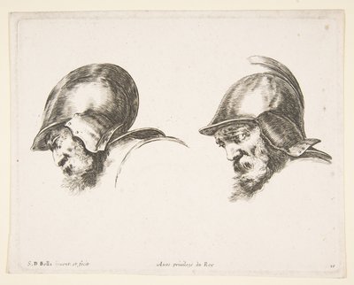 Placa 10: dos cabezas de viejos soldados con cascos, ambos mirando hacia la izquierda y hacia abajo..., ca. 1641 de Stefano della Bella