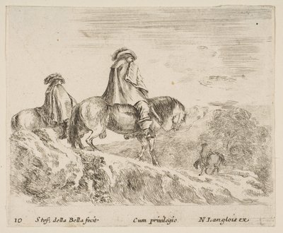 Placa 10: dos jinetes descendiendo una montaña a la izquierda, otro jinete a la derecha en ..., ca. 1644-47 de Stefano della Bella