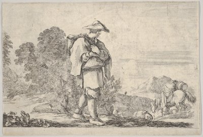 Placa 11: un campesino con sombrero en el centro, caminando hacia la derecha, un caballo descendiendo, ca. 1641 de Stefano della Bella