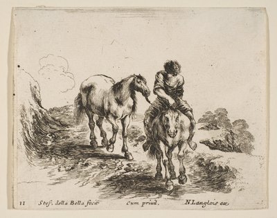 Placa 11: un joven jinete, visto de frente, llevando otro caballo, ca. 1644-47 de Stefano della Bella
