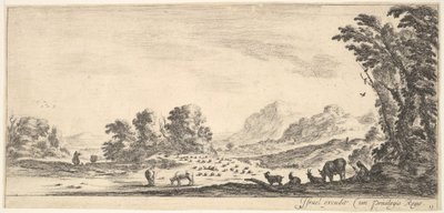 Placa 11: pastora sentada a la derecha bajo un árbol, observando su rebaño a la izquierda, ca. 1641 de Stefano della Bella