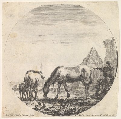 Lámina 11: la pirámide de Cayo Cestio a la derecha en el fondo, un caballo pastando de Stefano della Bella