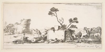 Placa 12: un dibujante sentado a la izquierda, un pastor de pie junto a él a la derecha, ruina..., ca. 1641 de Stefano della Bella