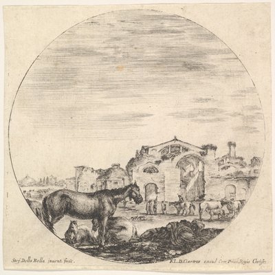 Placa 12: un pastor durmiendo en el suelo a la derecha, tres caballos a la izquierda, otros h..., ca. 1643-48 de Stefano della Bella