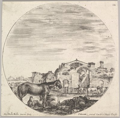 Placa 12: un pastor durmiendo en el suelo a la derecha, tres caballos a la izquierda, otros h..., ca. 1643-48 de Stefano della Bella