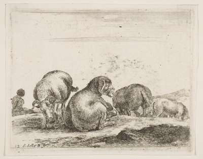 Placa 12: ovejas y carnero en un pasto, de Diversos animales, ca. 1641 de Stefano della Bella