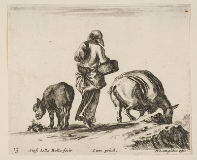 Placa 13: una campesina, vista desde atrás, sosteniendo una cesta en el centro, un burro..., ca. 1644-47 de Stefano della Bella