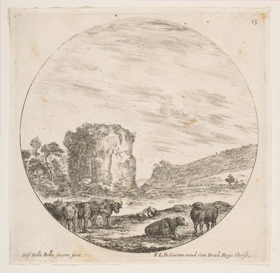 Placa 13: ruinas de un templo en un paisaje romano, de Paisajes y ruinas romanas, ca. 1646 de Stefano della Bella