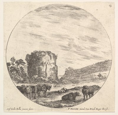 Lámina 13: ruinas de un templo antiguo en el fondo, un rebaño de vacas en el primer plano de Stefano della Bella