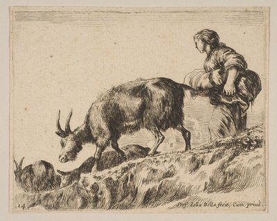 Placa 14: pastora pastoreando cabras, ca. 1641 de Stefano della Bella