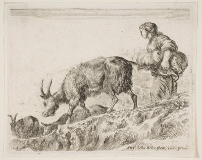 Placa 14: pastora pastoreando cabras, de Diversos animales Diversi animali de Stefano della Bella