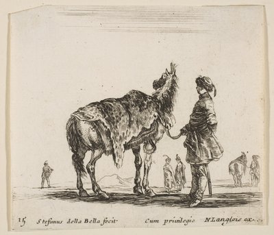 Placa 15: un noble polaco, de espaldas, sosteniendo su caballo cubierto de piel de leopardo, ca. 1644-47. de Stefano della Bella