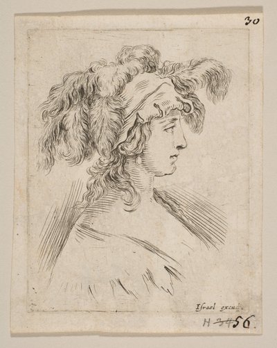 Placa 15: busto medio de una joven en perfil con un sombrero con plumas, ca. 1649 de Stefano della Bella