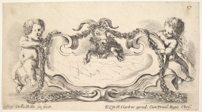 Placa 17: un cartucho con un centro de mármol, un infante a cada lado sosteniendo una guirnalda, 1646 de Stefano della Bella