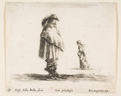 Placa 17: un hombre con sombrero emplumado en el centro mirando a la derecha, una mujer caminando hacia..., ca. 1644-47 de Stefano della Bella