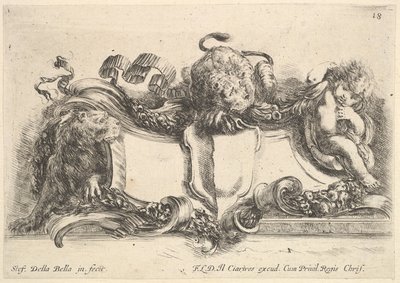 Placa 18: un cartucho que contiene un escudo vacío, dos leonas, una a la izquierda y otra en el centro, 1646 de Stefano della Bella