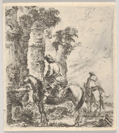 Placa 19: un jinete haciendo que su caballo beba de una fuente a la izquierda, otro h..., ca. 1646 de Stefano della Bella
