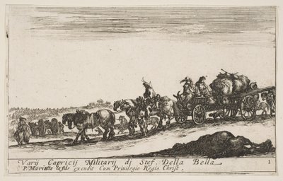 Placa 1: Un carro tirado por caballos que lleva personas y bienes, caballo muerto en primer plano, ca. 1641 de Stefano della Bella