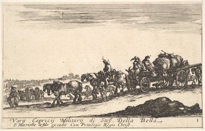 Placa 1: Un carro tirado por caballos que transporta personas y bienes, caballo muerto en primer plano, ca. 1641 de Stefano della Bella