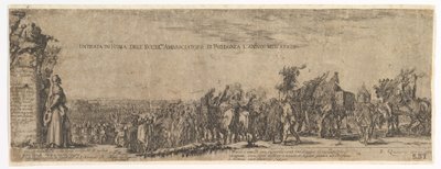 Placa 1: La entrada del embajador polaco en Roma, el escudo de armas de los Medici a la izquierda de Stefano della Bella
