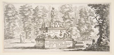 Placa 1: un monumento con estatuas y un escudo de armas en el centro, un dibujante en el... de Stefano della Bella