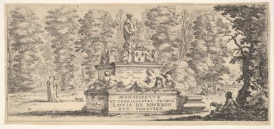 Placa 1: un monumento con estatuas y un escudo de armas en el centro, un dibujante de Stefano della Bella