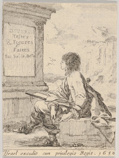 Placa 1: un joven sentado en una piedra, mirando a la izquierda en perfil, sosteniendo un bloc de dibujo..., 1650 de Stefano della Bella