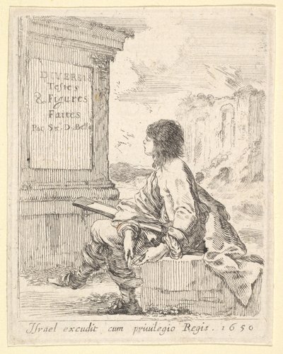 Plato 1: un joven sentado en una piedra, mirando a la izquierda en perfil, sosteniendo un bloc de dibujo, 1650 de Stefano della Bella