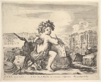 El genio del dibujo, un niño con alas, sentado en una roca en el centro (detalle) de Stefano della Bella
