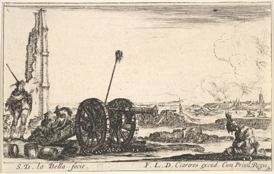 Placa 2: Un cañón a la izquierda, una ciudad al fondo, de Caprichos militares varios..., ca. 1641 de Stefano della Bella