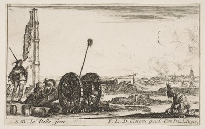 Placa 2: Un cañón a la izquierda, una ciudad al fondo, de Varios caprichos militares, ca. 1641 de Stefano della Bella