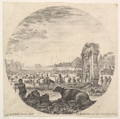 Placa 2: Campo Vaccino, un búfalo y dos pastores en el centro, el Fontanone a la derecha, ca. 1643-48 de Stefano della Bella
