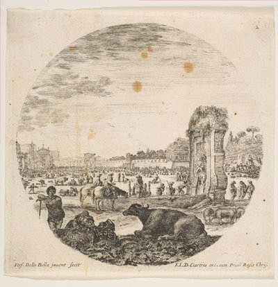 Placa 2: Campo Vaccino, un búfalo y dos pastores en el centro, el Fontanone a la derecha, ca. 1646 de Stefano della Bella