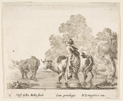 Placa 2: una campesina conduce dos vacas a través de un arroyo, caminando hacia la izquierda, ca. 1644-47 de Stefano della Bella