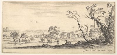 Placa 2: una campesina quitándose los zapatos en el centro, otra campesina y dos niños, ca. 1641 de Stefano della Bella