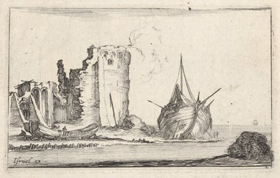 Placa 2: un barco a la derecha y un bote a la izquierda, varado en la orilla, una torre en ruinas, ca. 1642 de Stefano della Bella