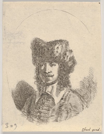 Placa 2: cabeza de un hombre con bigote y gorro de piel mirando a la izquierda, una composición oval, de..., 1650 de Stefano della Bella