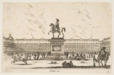 Placa 3: La Place Royale, estatua ecuestre de Luis XIII en perfil mirando a la izquierda en ce..., 1642 de Stefano della Bella
