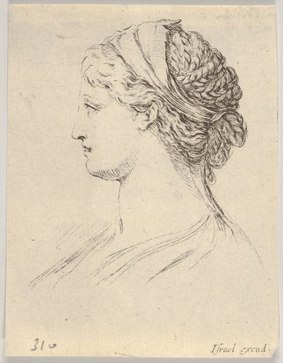 Placa 3: cabeza de una mujer con el cabello trenzado, en perfil hacia la derecha, de Varios, 1650 de Stefano della Bella