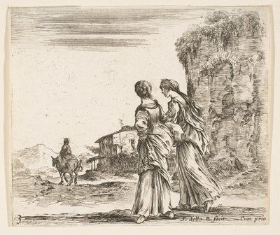 Placa 3: dos niñas caminando hacia la izquierda, vistas desde atrás, una mujer a caballo, ca. 1644-47 de Stefano della Bella