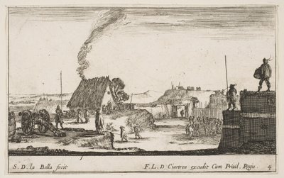 Placa 4: Un campamento militar con un soldado de pie en un parapeto a la derecha golpeando, ca. 1641 de Stefano della Bella