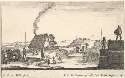 Placa 4: Un campamento militar con un soldado de pie en un parapeto a la derecha, ca. 1641 de Stefano della Bella