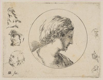 Placa 4: Cabeza de una mujer de perfil, de Segunda colección de varios garabatos y grabados, ca. 1646 de Stefano della Bella