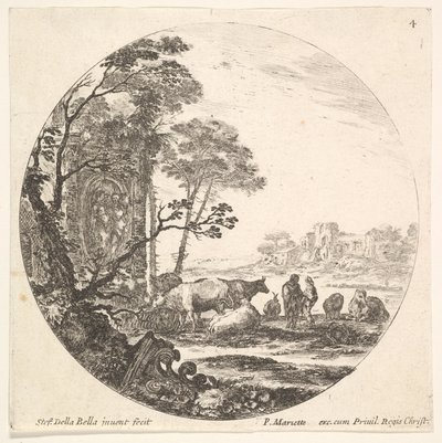 Placa 4: un capitel corintio en el suelo a la izquierda en primer plano, un monumento w..., ca. 1643-48 de Stefano della Bella